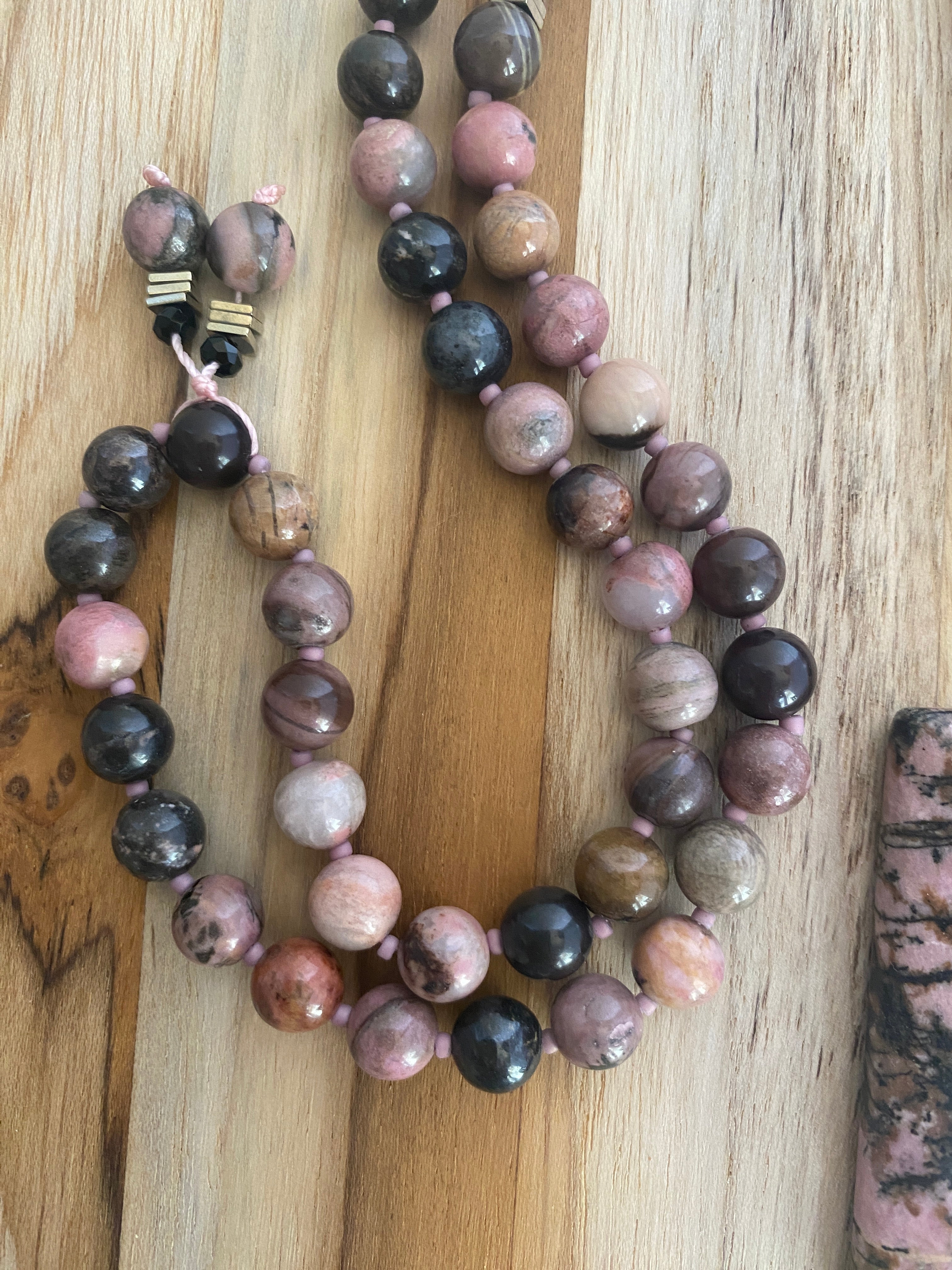 28" Long Beaded Pink and Black Rhodonite Pendant Necklace with Black Crystal Beads - My Urban Gems