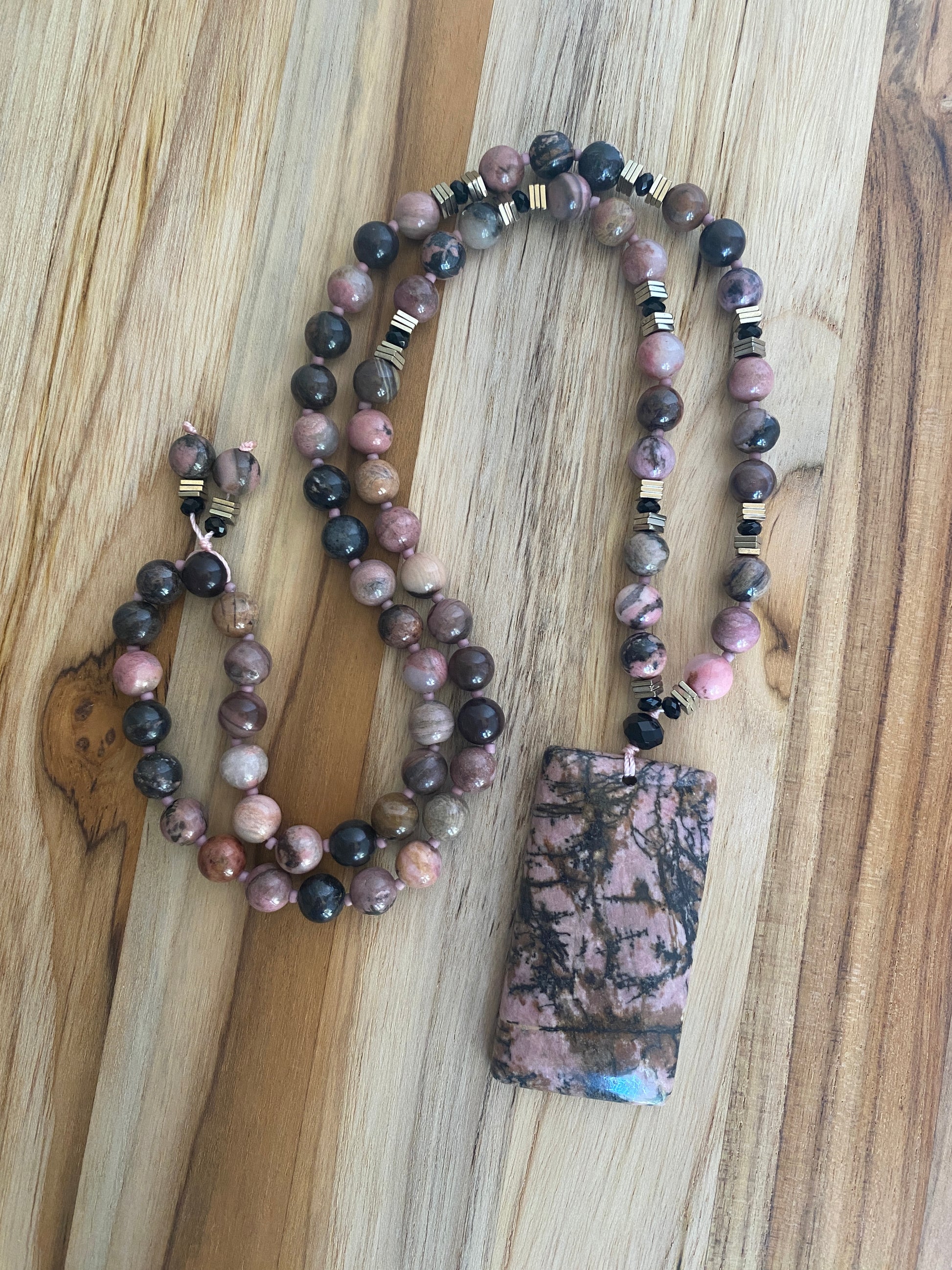 28" Long Beaded Pink and Black Rhodonite Pendant Necklace with Black Crystal Beads