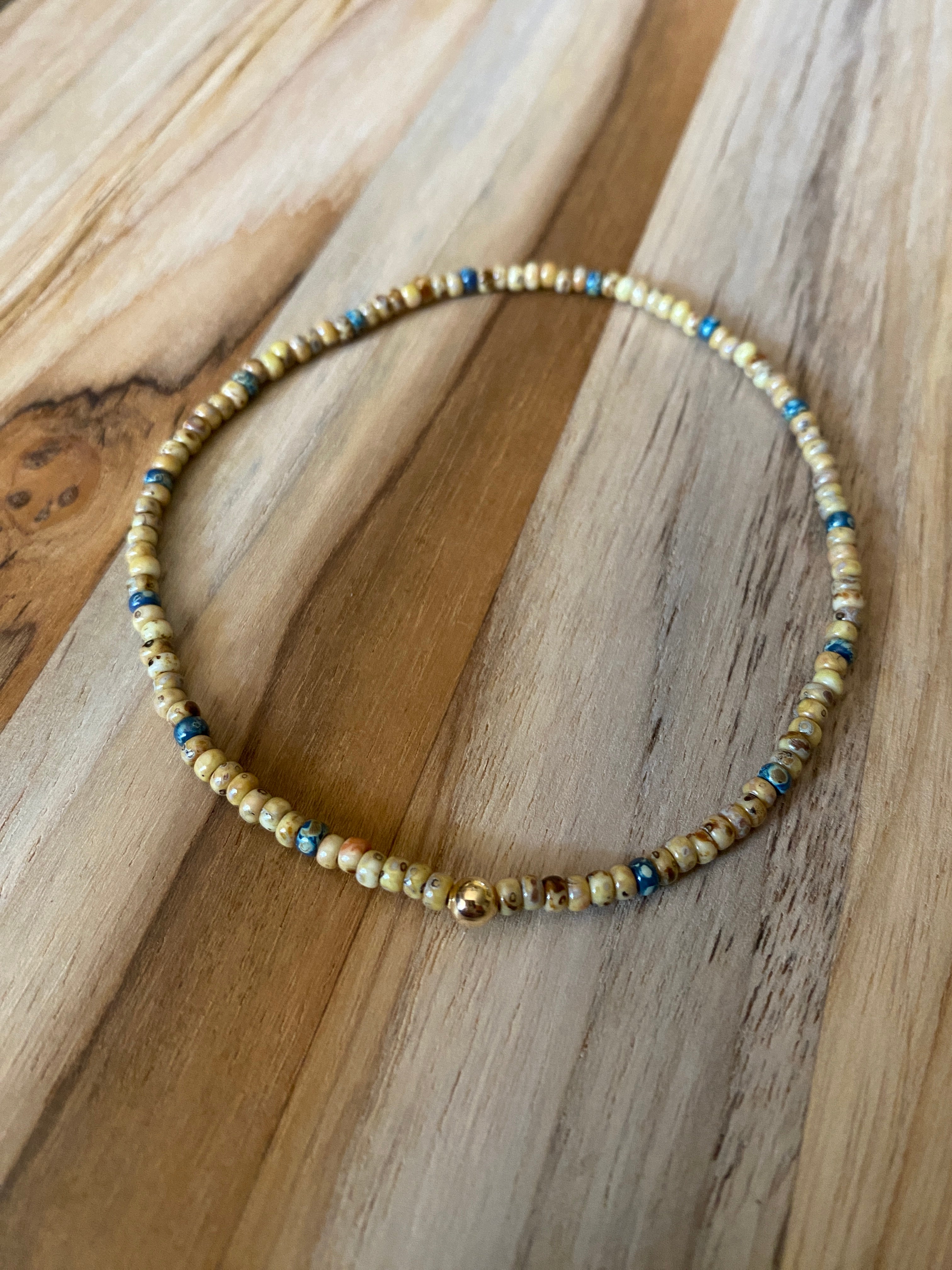 Dainty Beach Vibe Beige Seed Bead Ankle Bracelet Anklet with Blue Accent