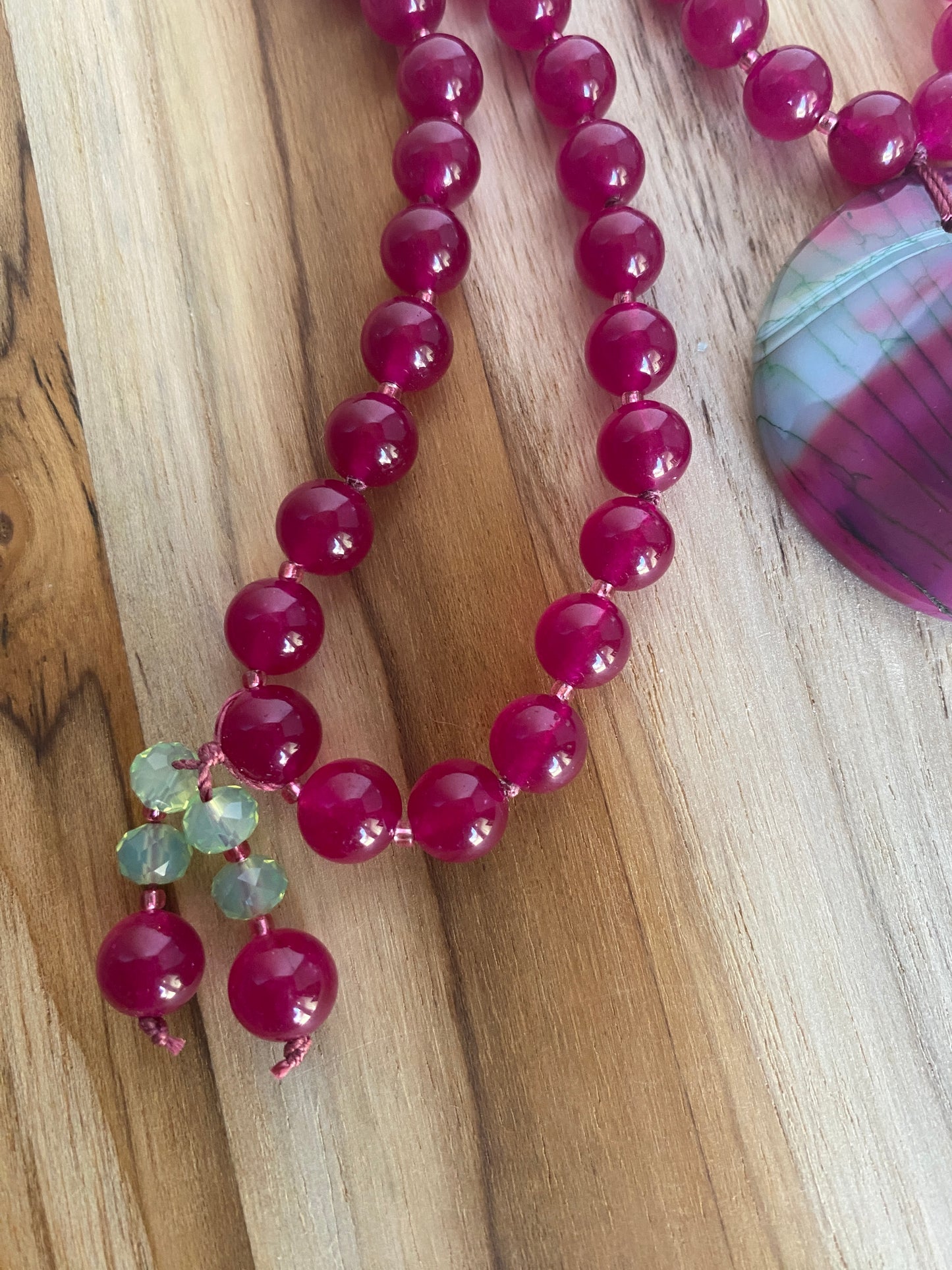 28" Long Rose & Green Agate Pendant Necklace with Rose Jade and Crystal Beads