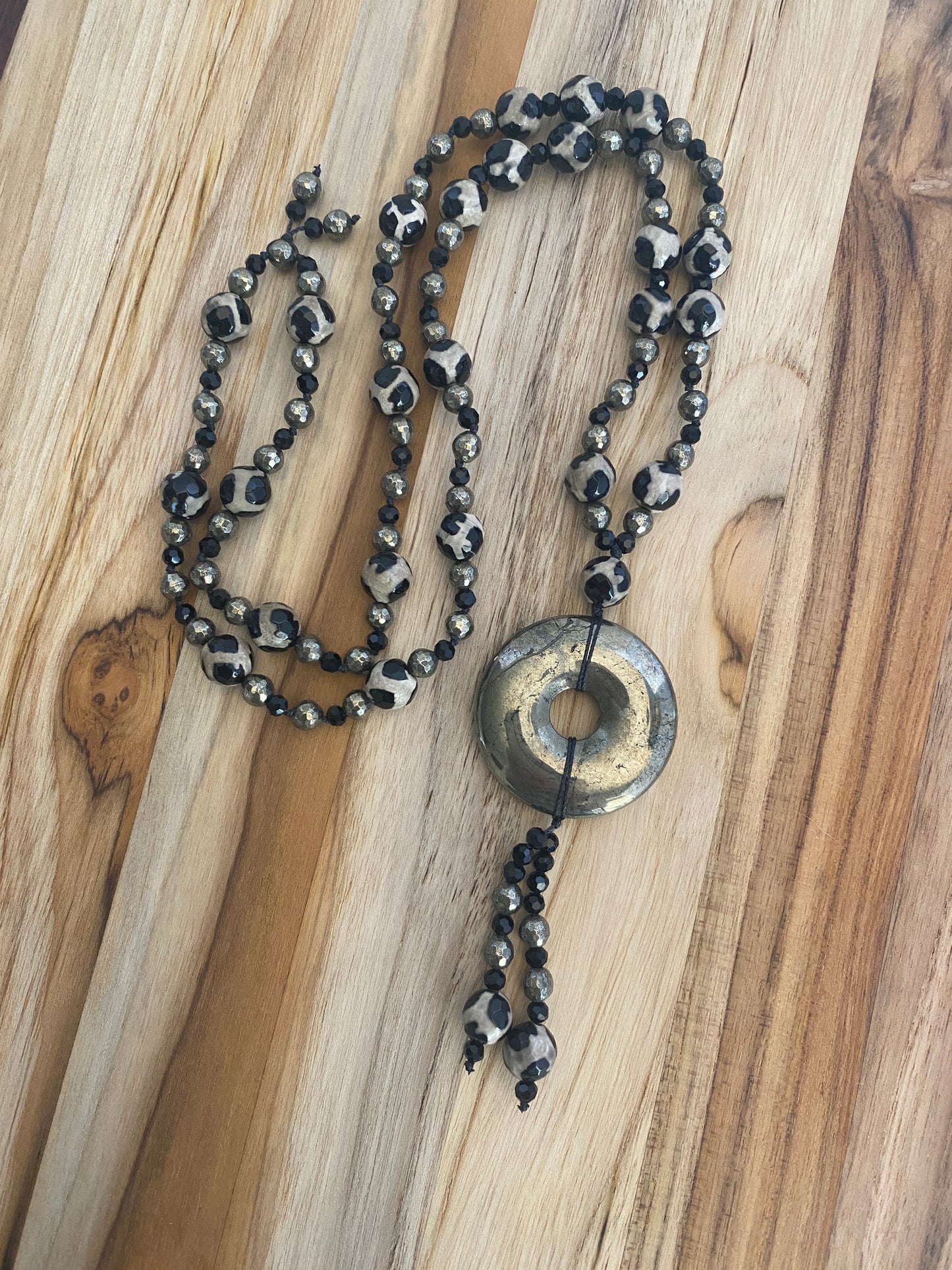 30" Pyrite Donut Dangle Necklace with Agate, Pyrite & Crystals