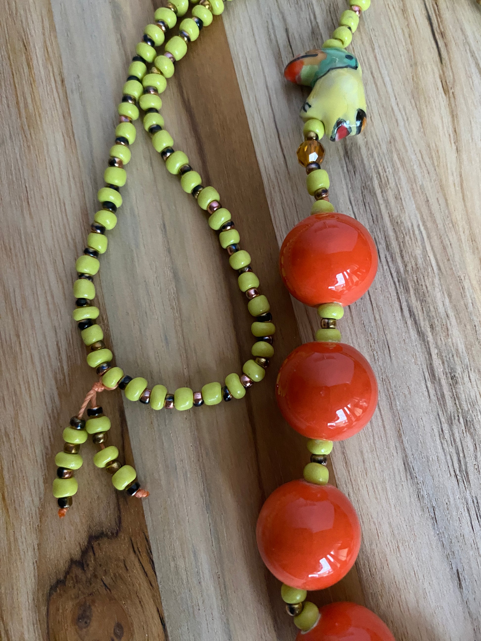 28" Long Large Orange Ceramic Beaded Necklace with Parrot and Yellow Beads - My Urban Gems