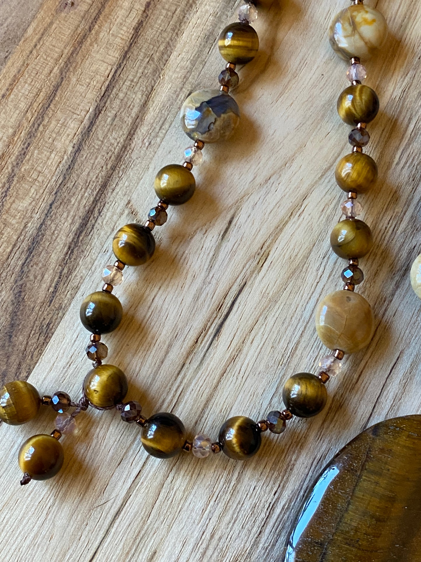 Long Tiger Eye Pendant Necklace with Agate and Crystal Beads