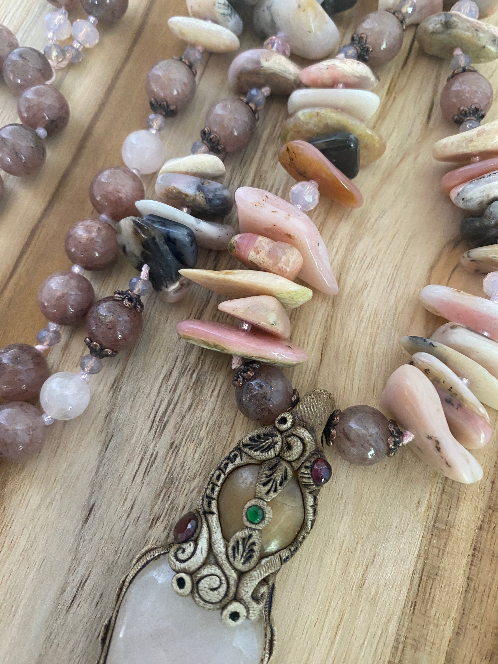 30" Long Rose Quartz & Clay Pendant Necklace with Quartz & Pink Opal Beads - My Urban Gems