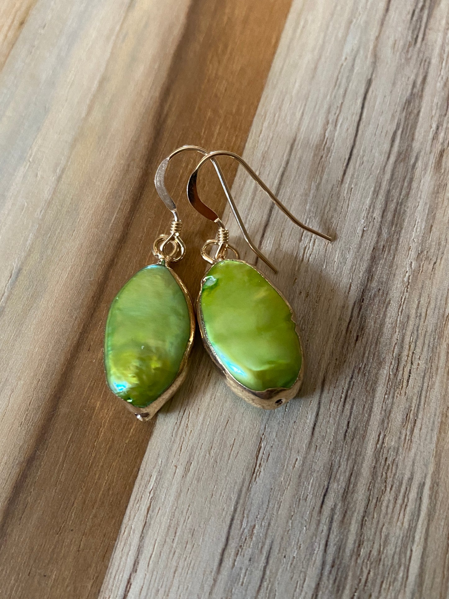 Golden Chartreuse Green Pearl Dangle Earrings with Gold Filled Ear Wires - My Urban Gems