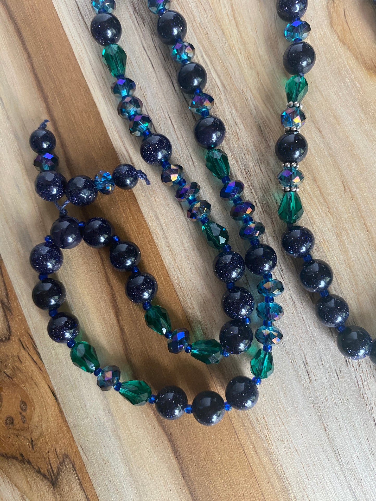 28" Long Emerald Green Dichroic Pendant Necklace with Blue Sandstone & Crystal Beads