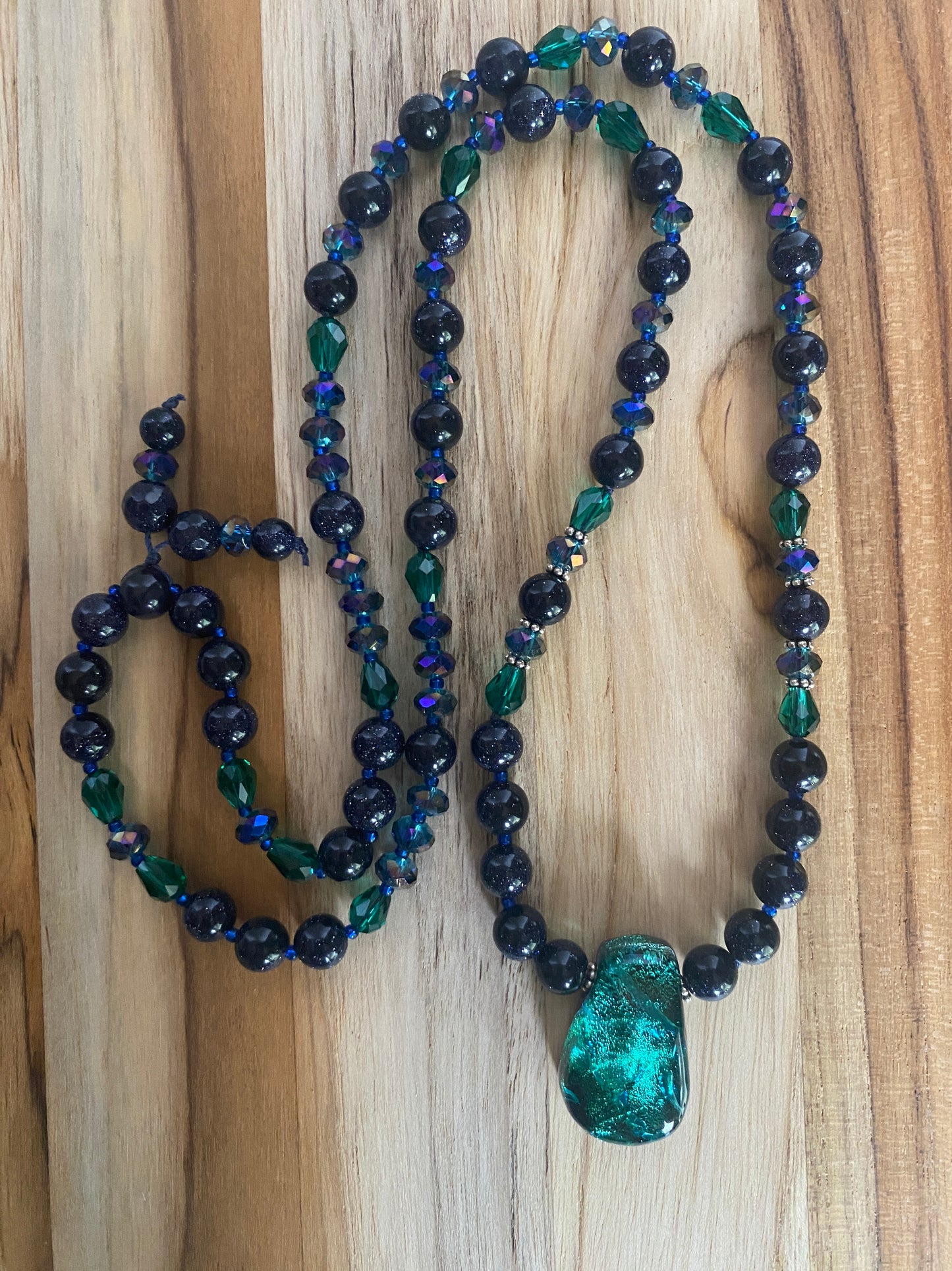 28" Long Emerald Green Dichroic Pendant Necklace with Blue Sandstone & Crystal Beads - My Urban Gems