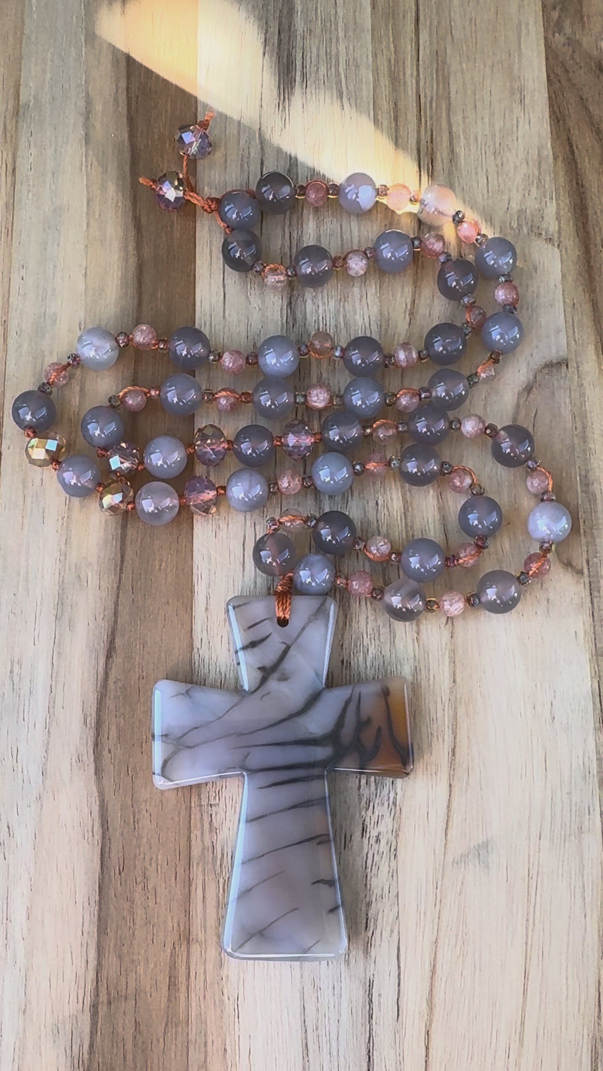 26” Long Carved Agate Cross Necklace with Grey Agate and Peach Strawberry Quartz Beads