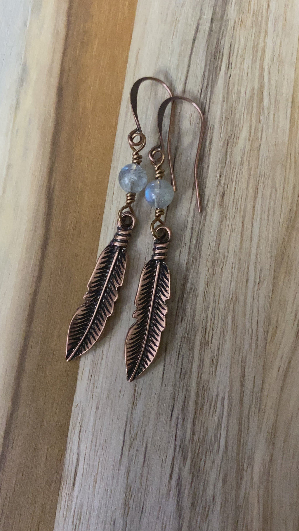 Long Copper Feather Fangle Earrings with Labradorite