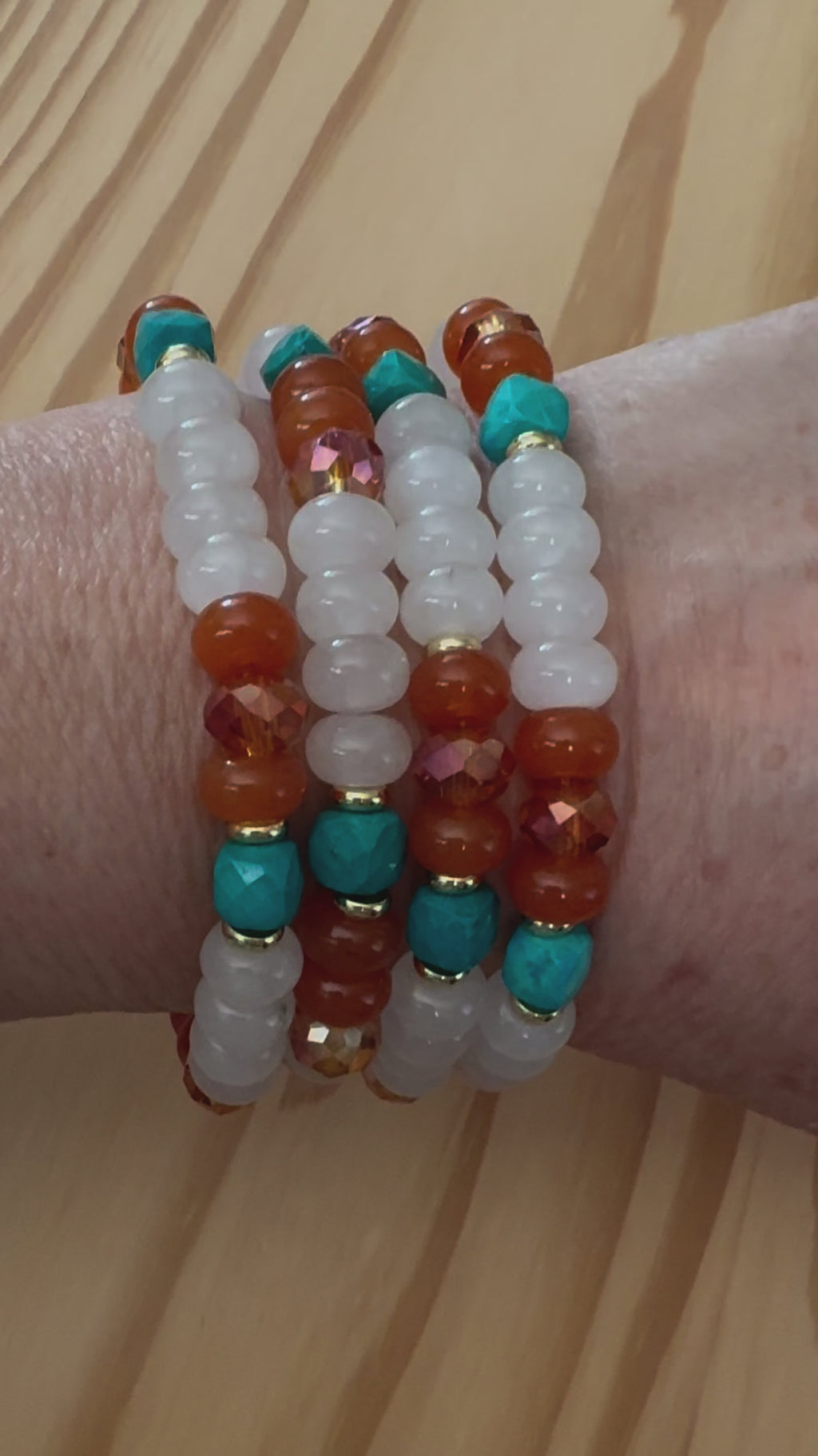 Surfer Style Beach Vibe Stretch Bracelet with White Orange and Turquoise ~ 7"