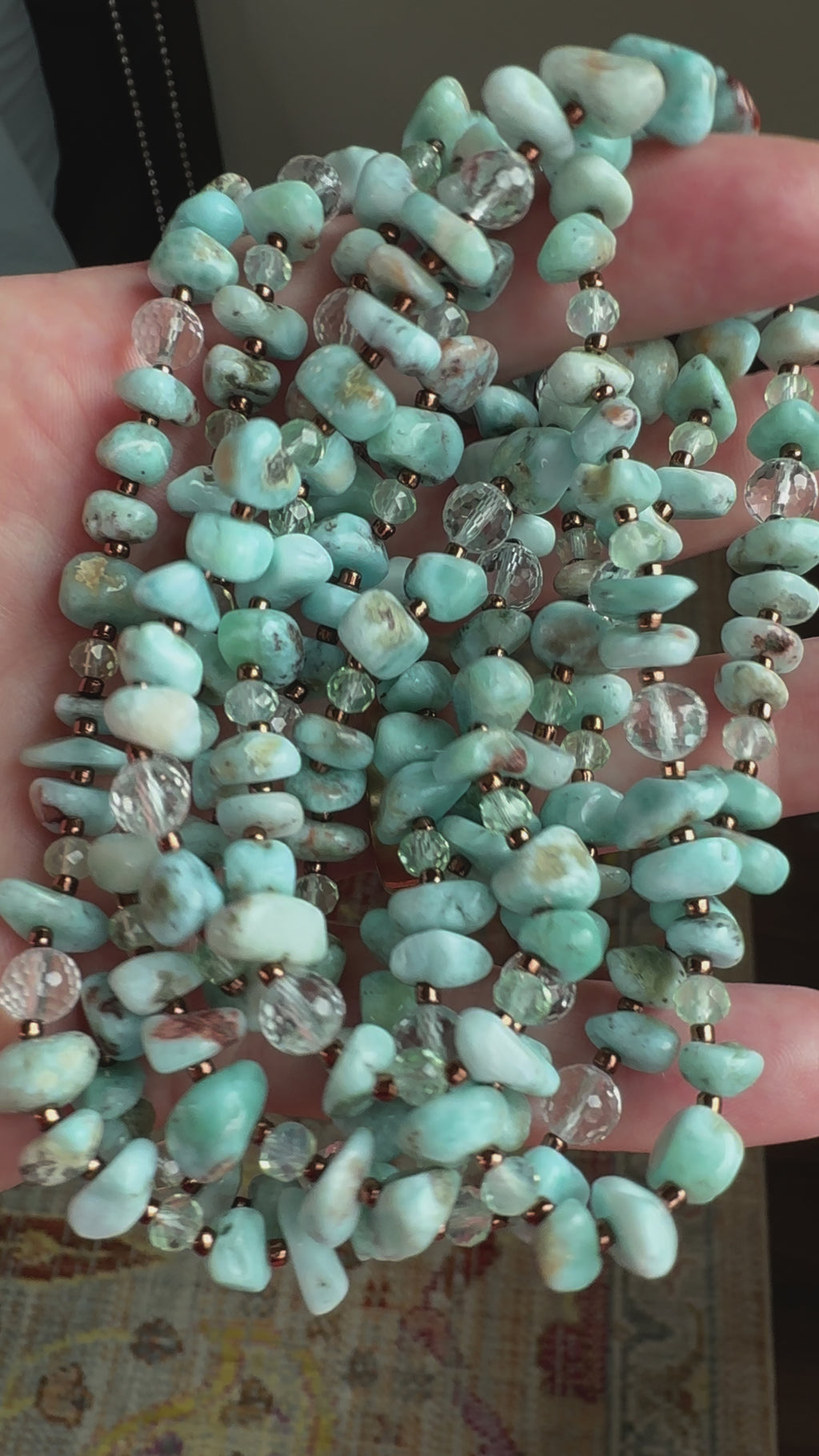 55” Extra Long Wraparound Larimar Necklace with Crystal Beads