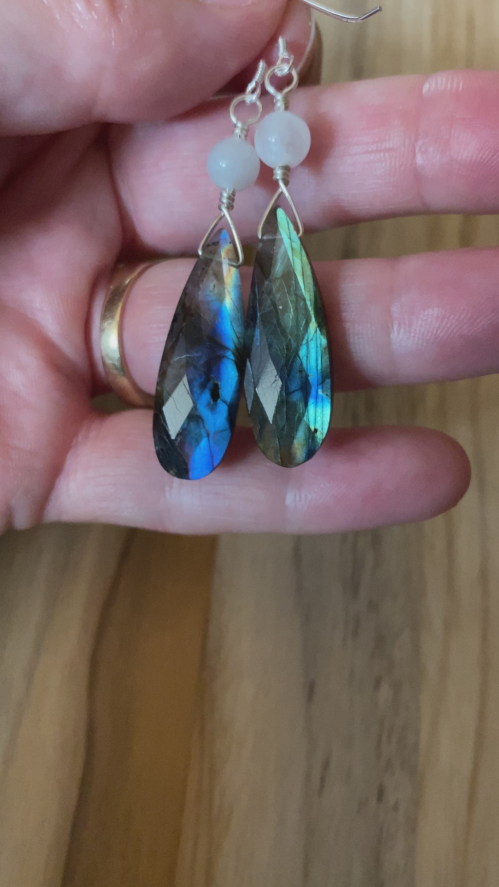 Long Flashy Labradorite and Moonstone Dangle Earrings with Sterling Silver