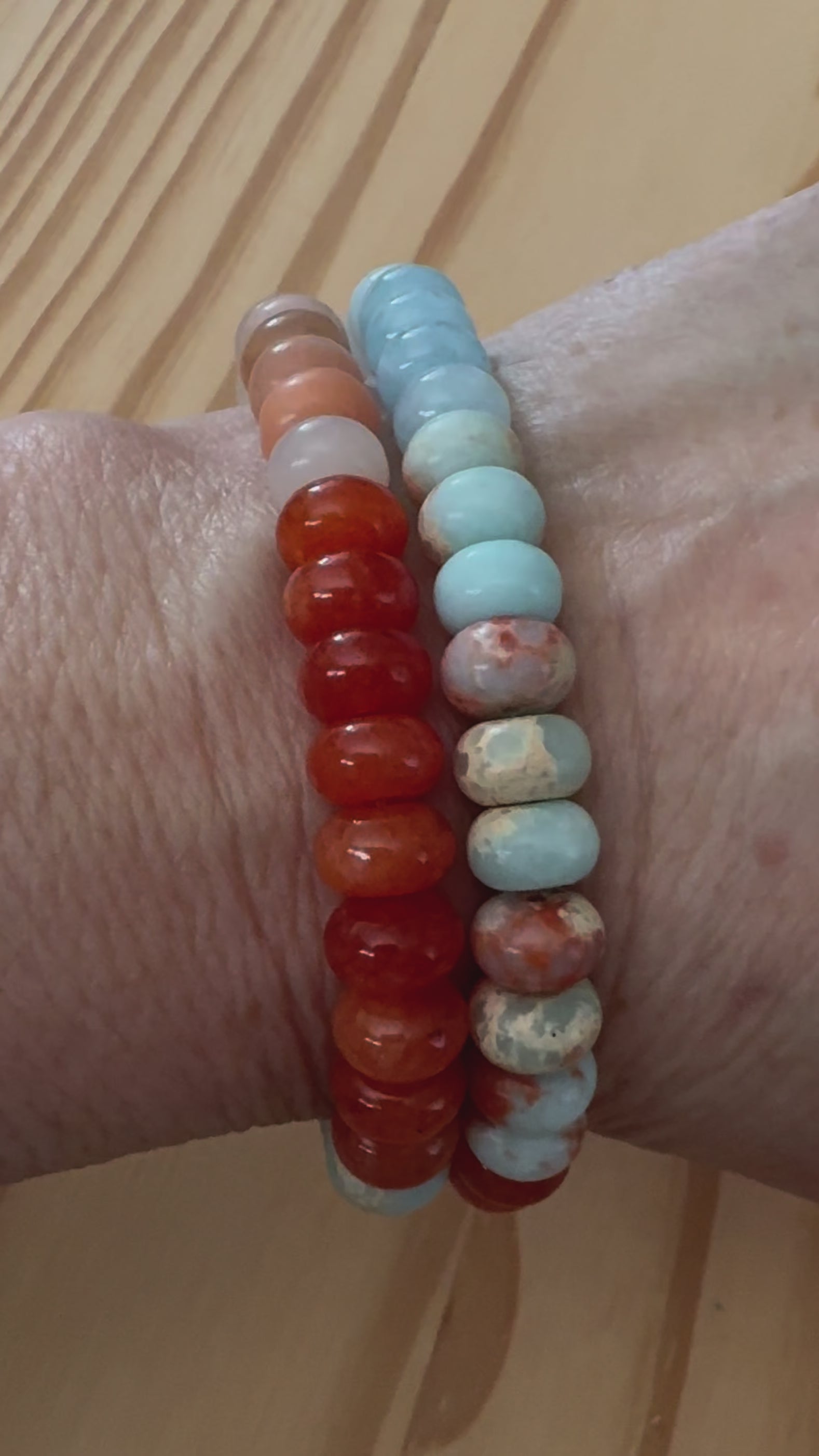 Surfer Style Beach Vibe Stretch Bracelet with Multi-Colored Gemstone Beads in Shades of Orange and Blue ~ 7"
