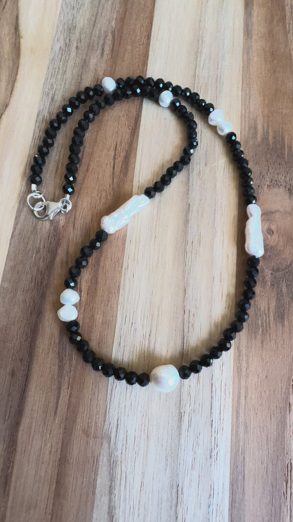 Dainty 16” Faceted Black Tourmaline Necklace with Freshwater Pearls ~ Sterling Silver