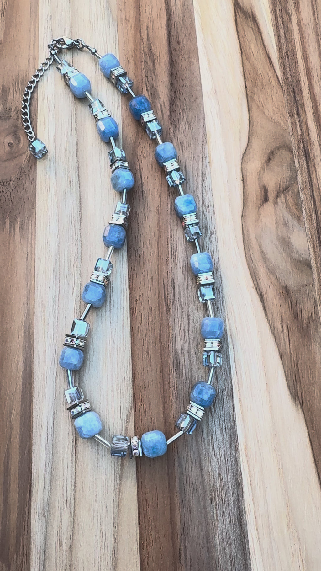 Sky Blue Candy Cube Quartz Necklace with Crystal Rondelles and Crystal Beads ~ Stainless Steel
