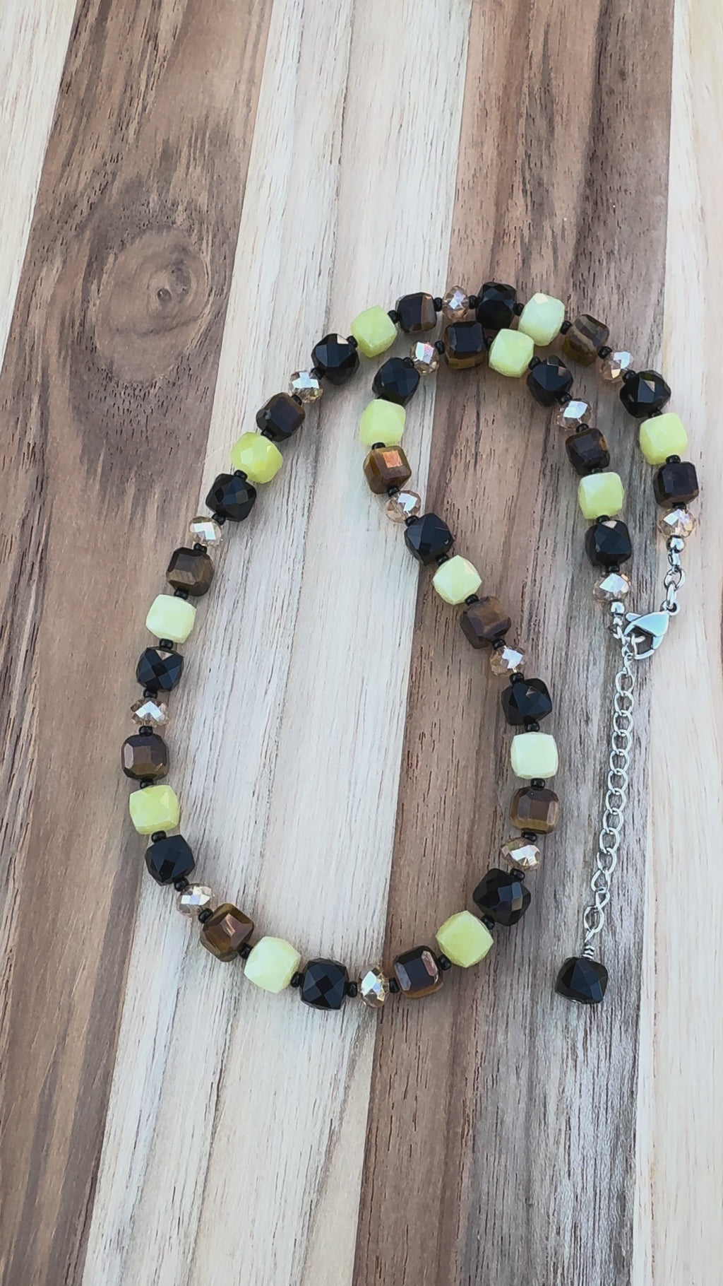16” Cube Style Necklace with Lemon Jade Tigereye Black Obsidian and Crystal Beads ~ Stainless Steel