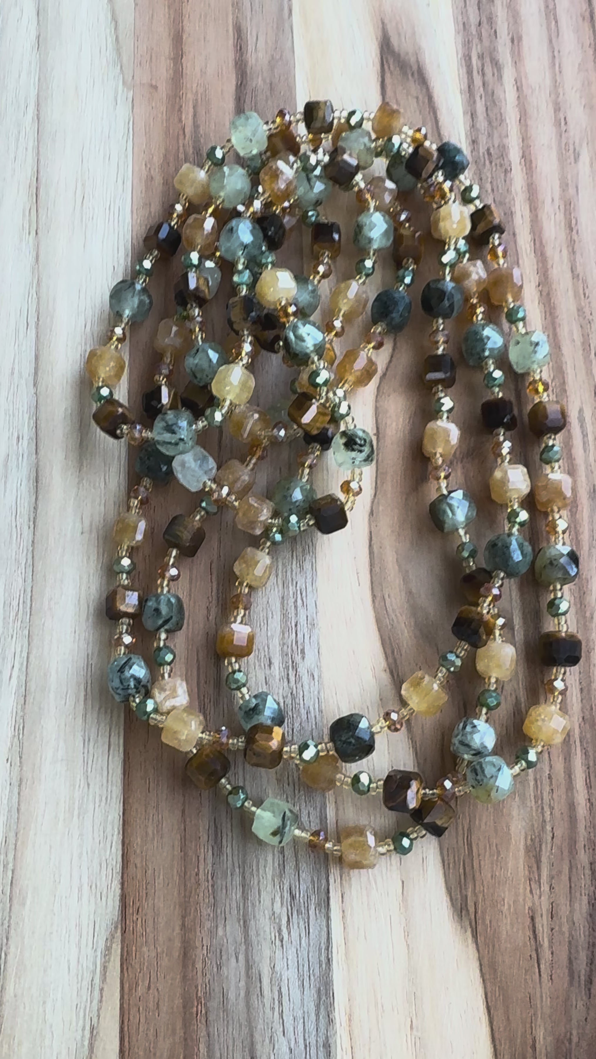 Extra Long Wraparound Layering Necklace with Prehnite Yellow Jade Tigereye and Crystal Beads