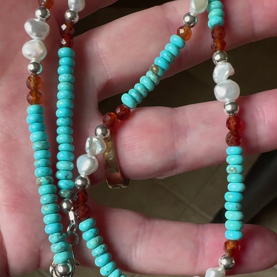 Dainty Nevada Turquoise Beaded Necklace with Orange Garnet and Keshi Pearls