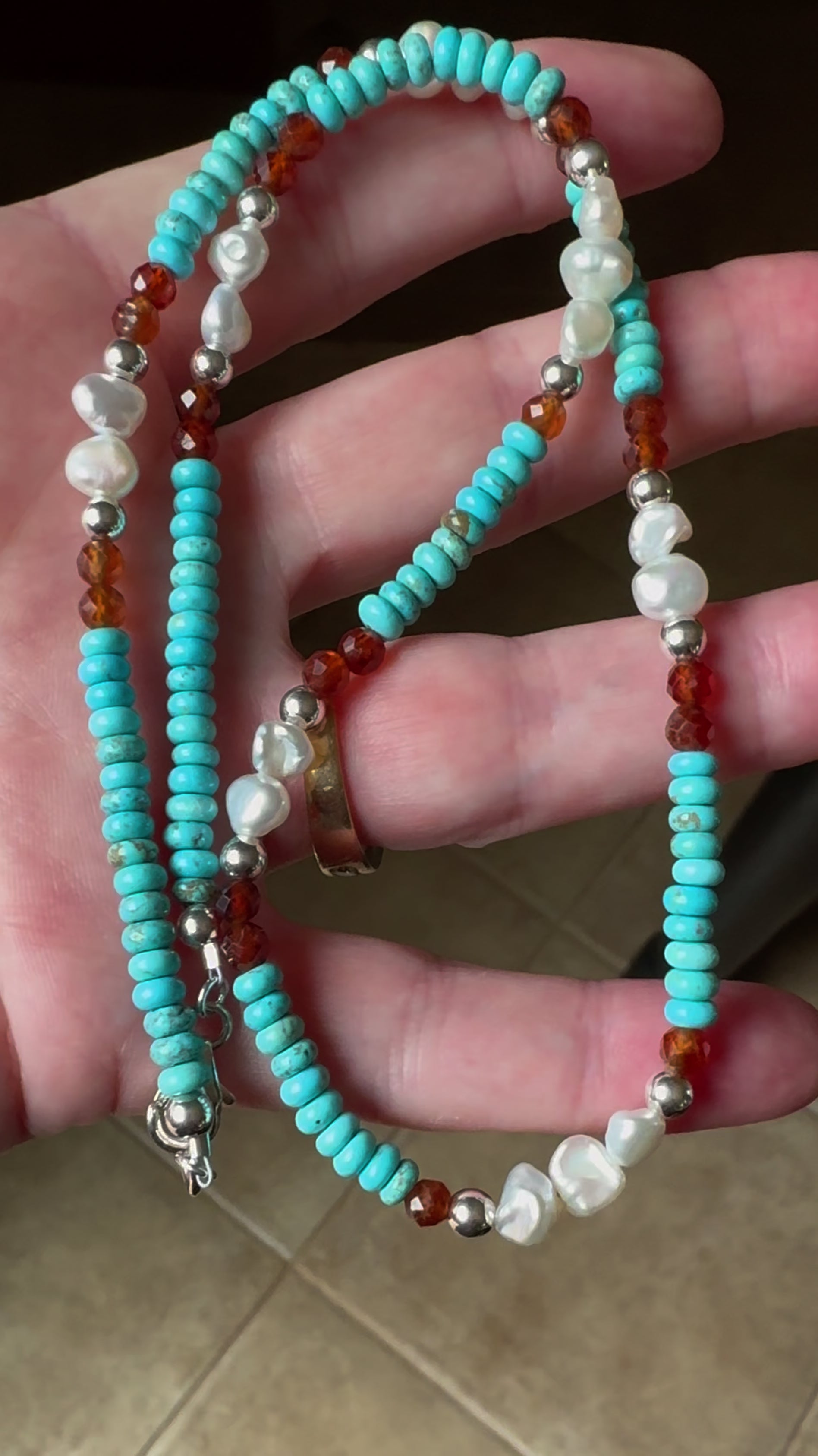 Dainty Nevada Turquoise Beaded Necklace with Orange Garnet and Keshi Pearls