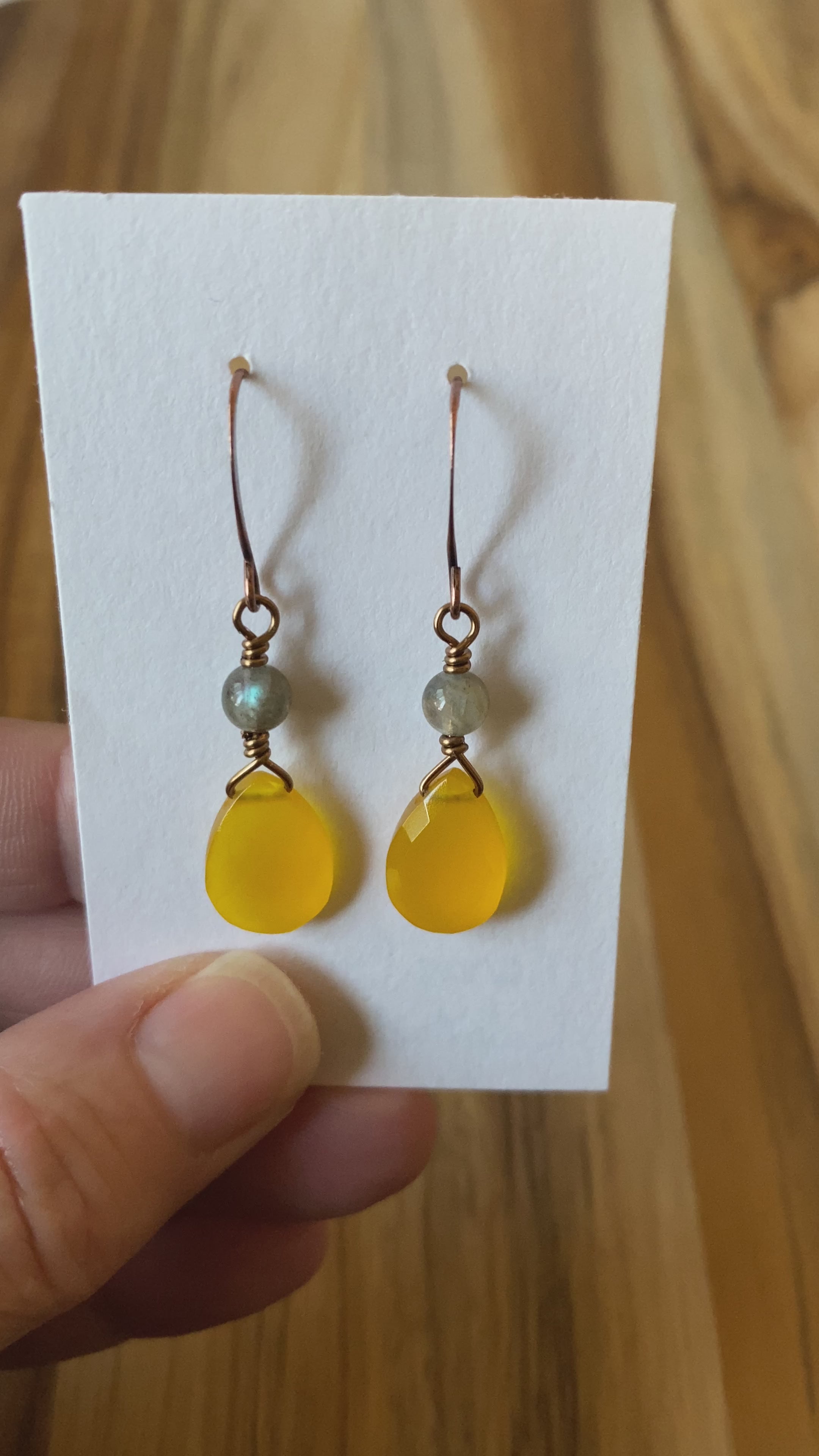 Mango Yellow Onyx Briolette Dangle Earrings with Labradorite and Copper