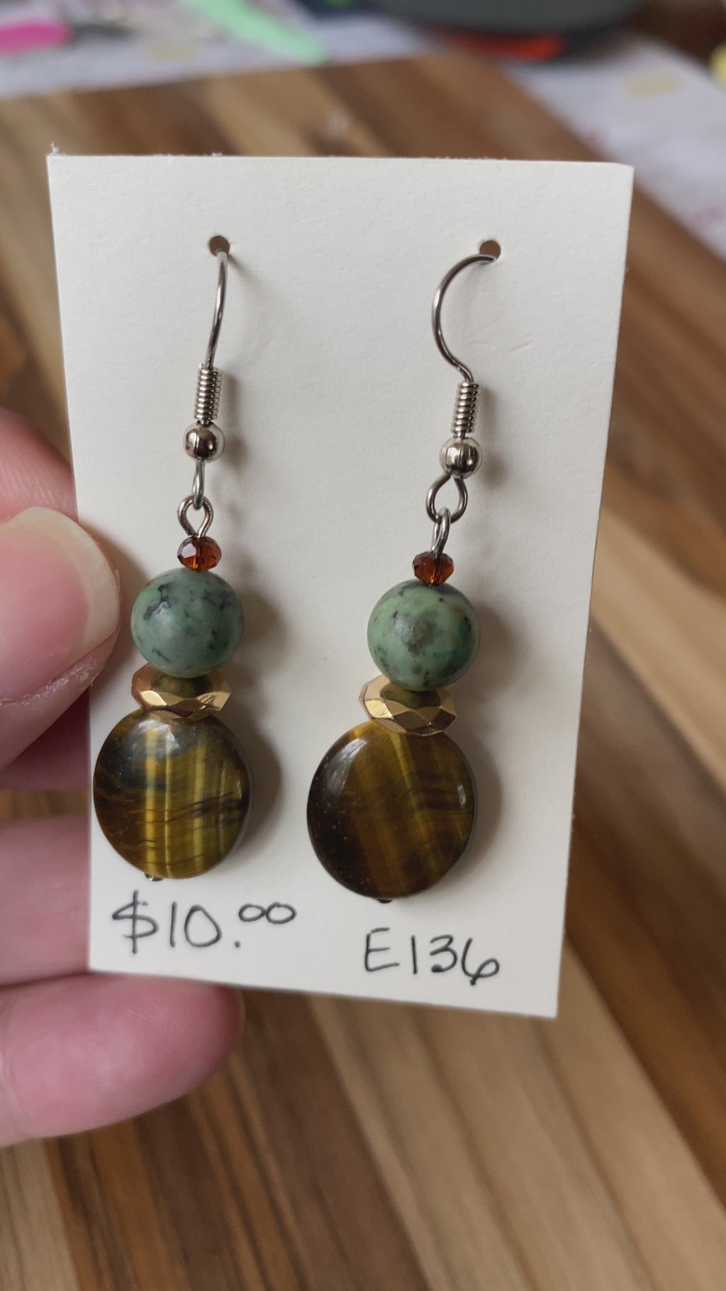 Tigereye and African Turquoise Dangle Earrings with Rose Gold