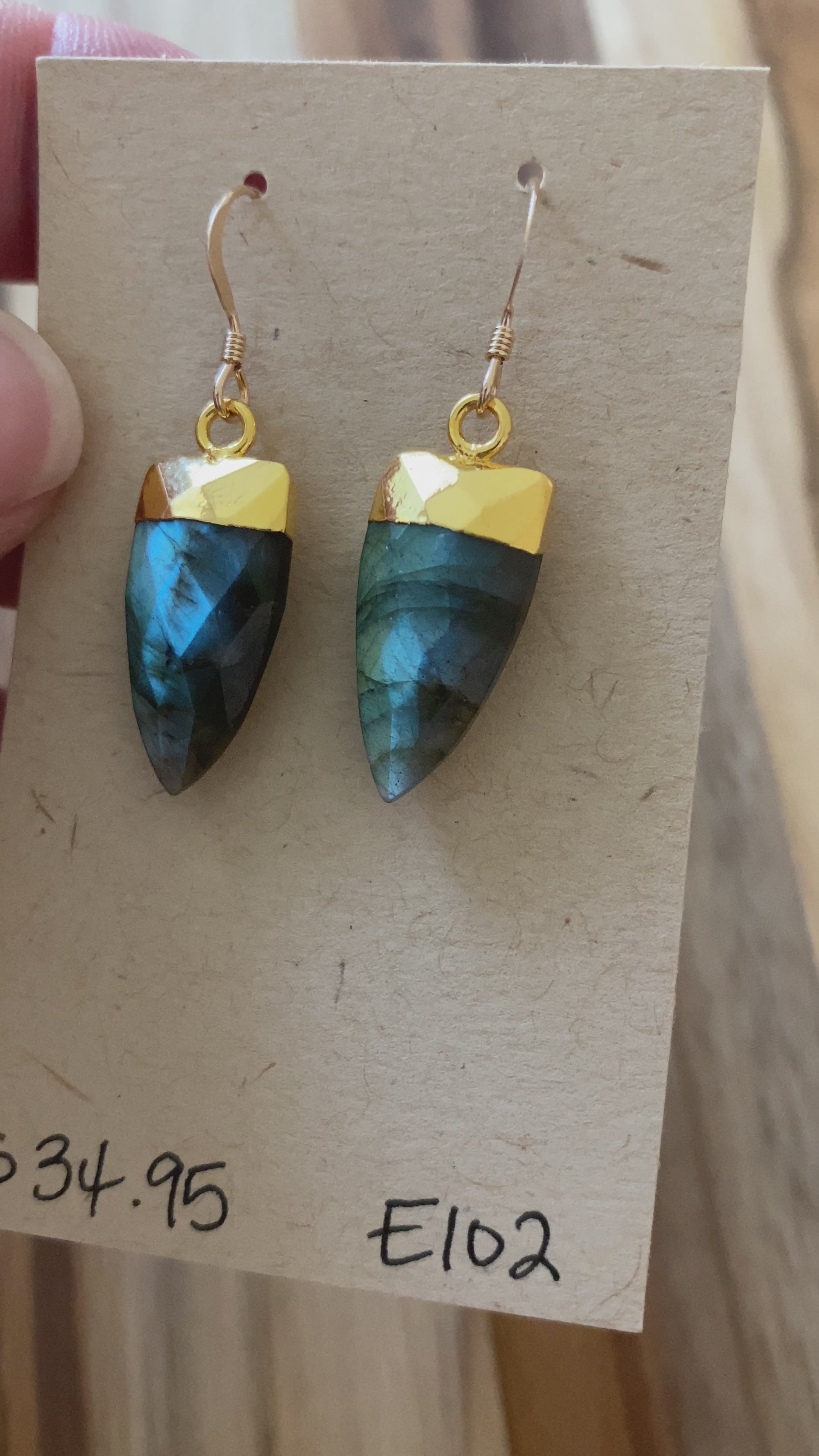Trillion Shaped Blue Flash Labradorite Dangle Earring with Gold