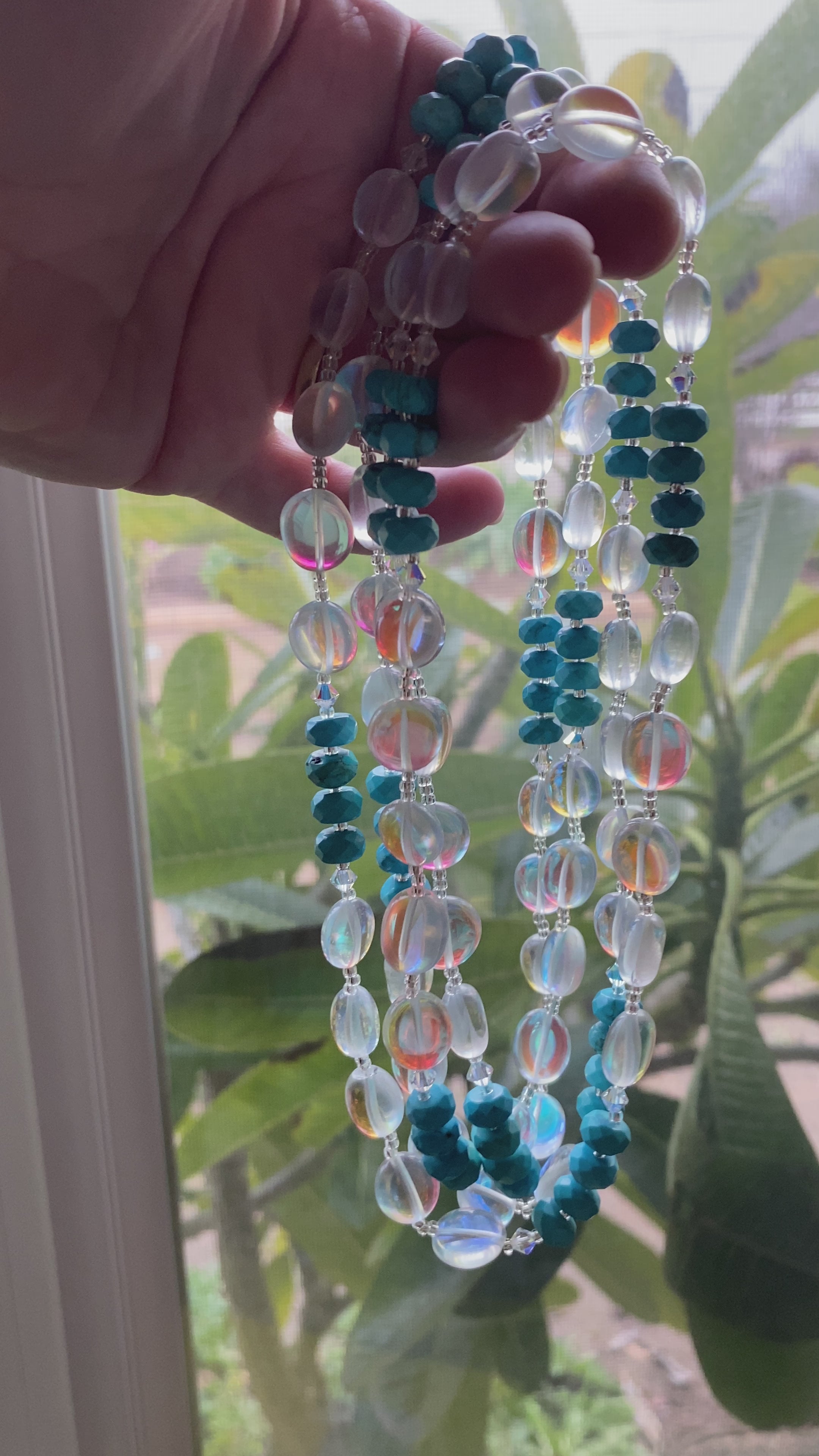 60" Extra Long Beaded Wraparound Necklace with Mystic Aura Quartz Turquoise & Crystal Beads - My Urban Gems