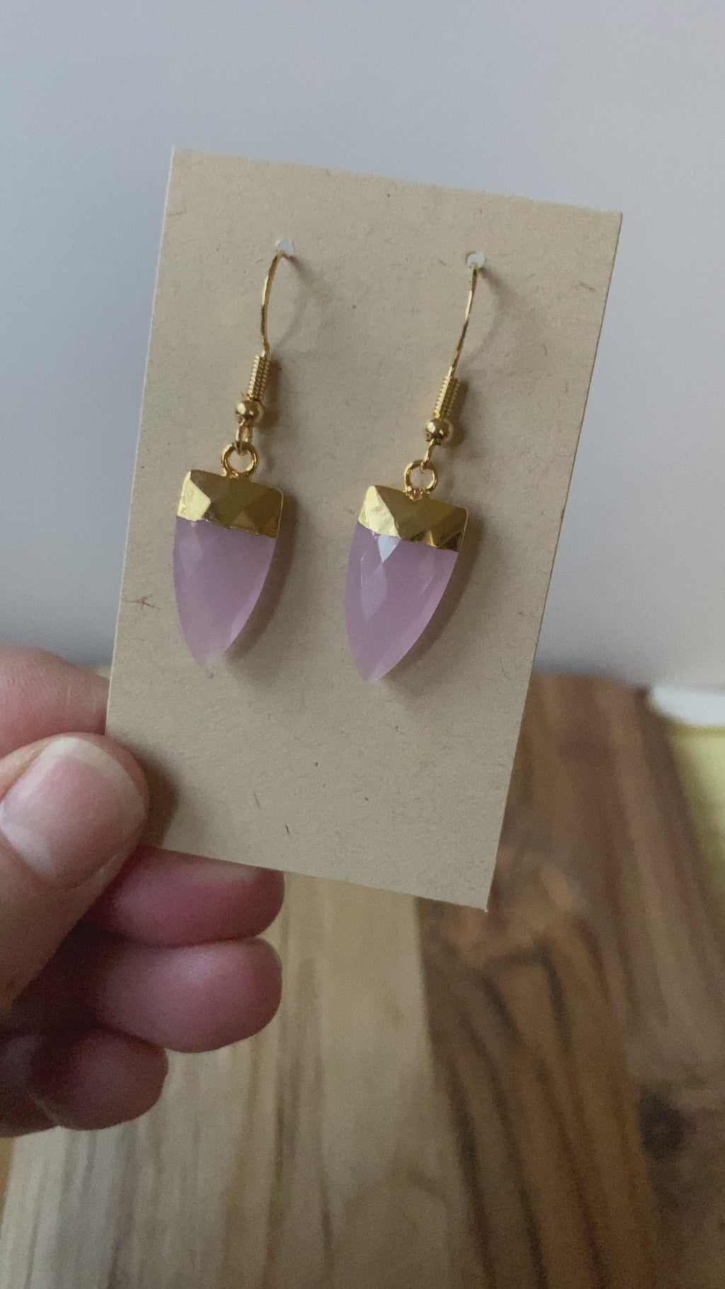 Rose Chalcedony Trillion Shaped Dangle Earrings with Gold