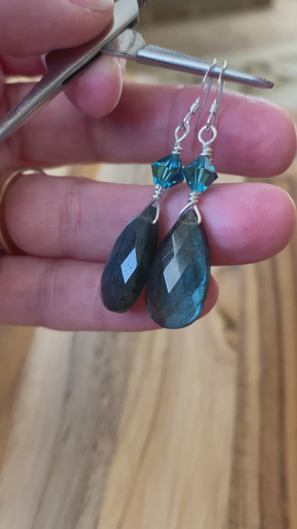 Blue Flash Labradorite Dangle Earrings with Crystal Accent