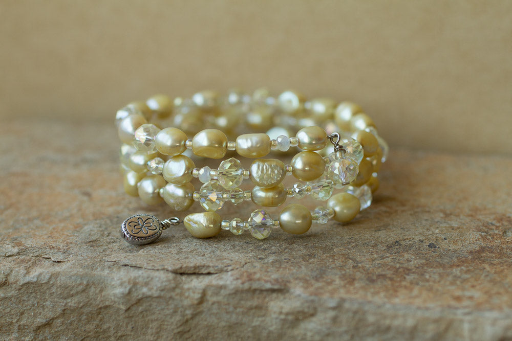 Lemon / Yellow Faux Pearl and Crystal Memory Wire Beaded Bracelet