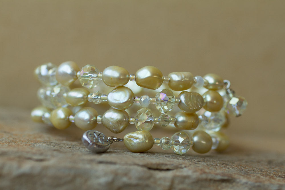Lemon / Yellow Faux Pearl and Crystal Memory Wire Beaded Bracelet