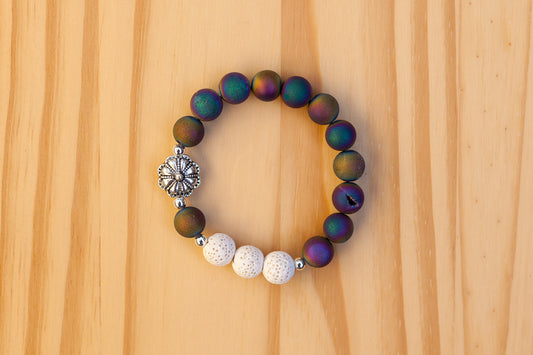 Essential Oil Diffuser Aromatherapy Multi Iris Druzy Stretchy Bracelet with Flower