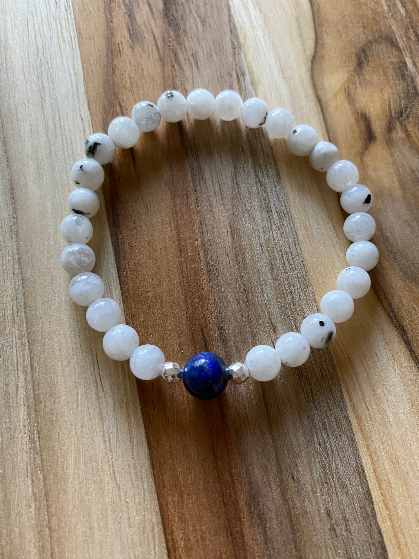 Dainty Moonstone Bracelet with a Lapis Accent Bead
