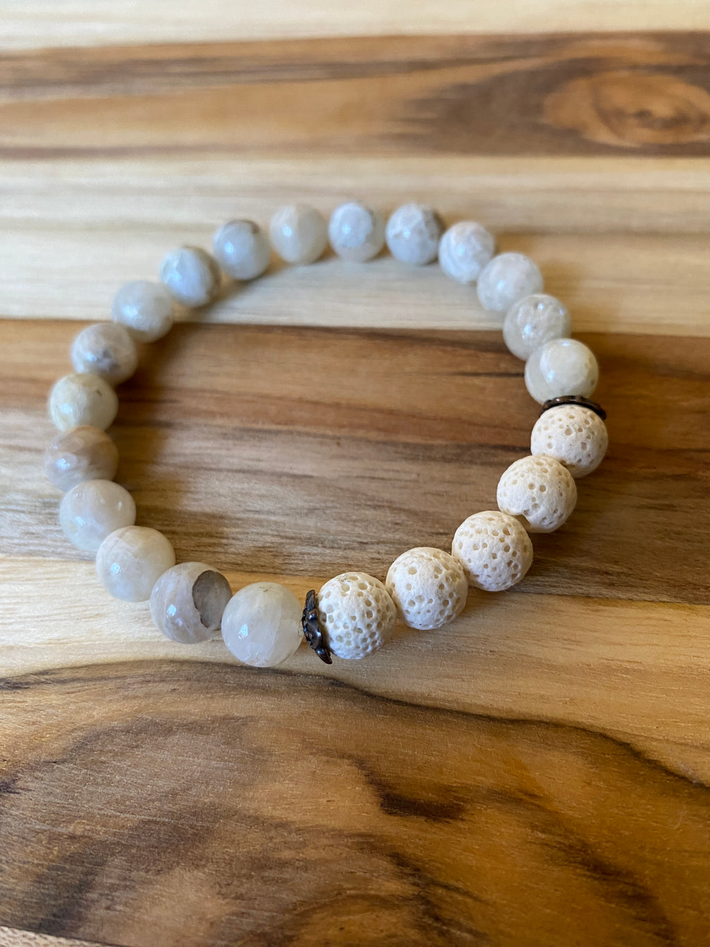 Moonstone Aromatherapy Diffuser Beaded Stretch Bracelet with Lava Stone Beads