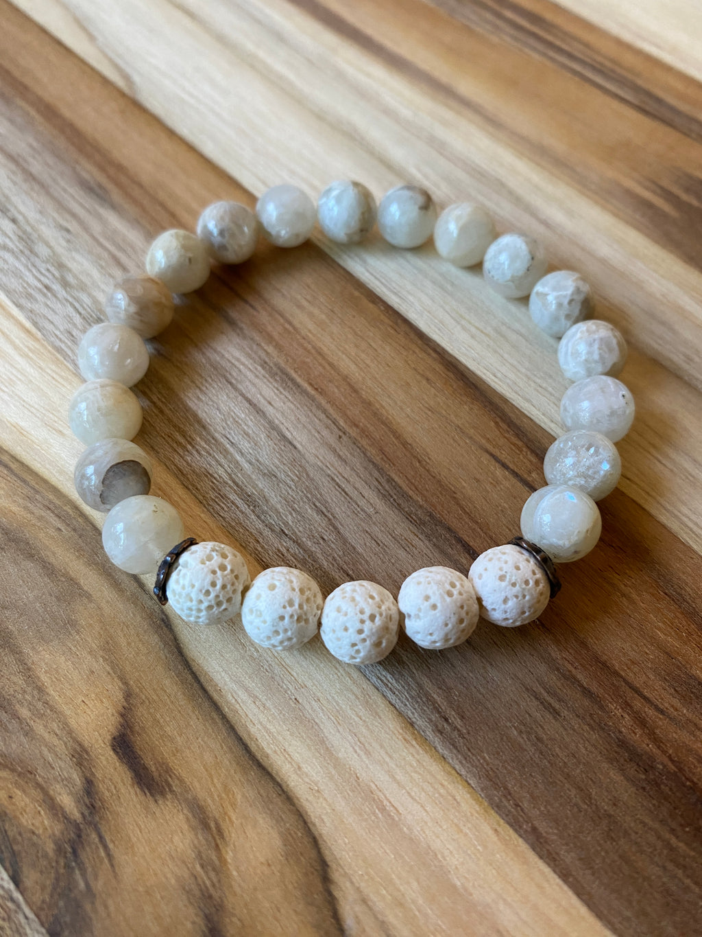 Moonstone Aromatherapy Diffuser Beaded Stretch Bracelet with Lava Stone Beads