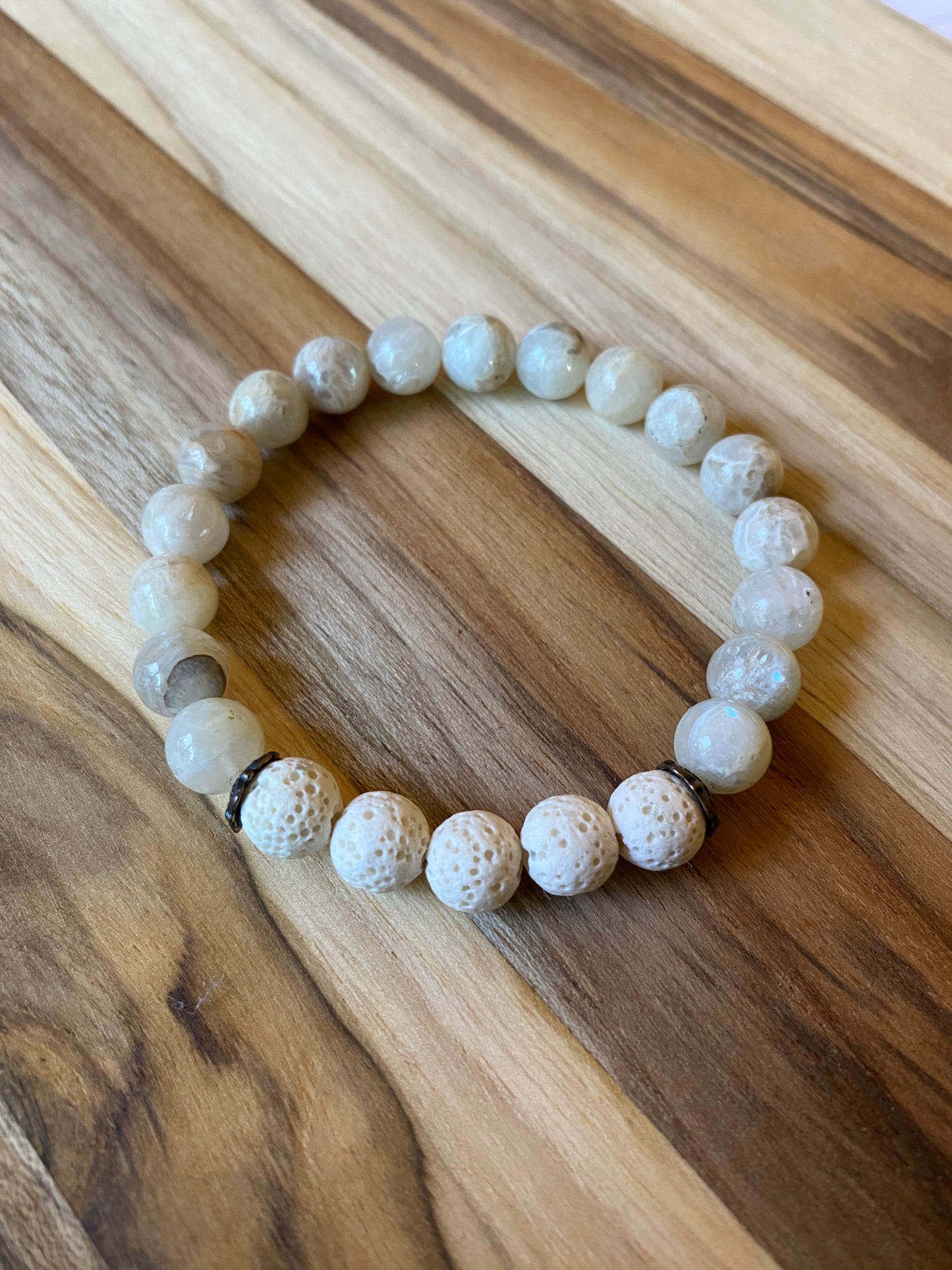 Moonstone Aromatherapy Diffuser Beaded Stretch Bracelet with Lava Stone Beads