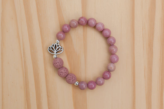 Essential Oil Diffuser Aromatherapy Rhodonite Stretchy Bracelet with Lotus Flower