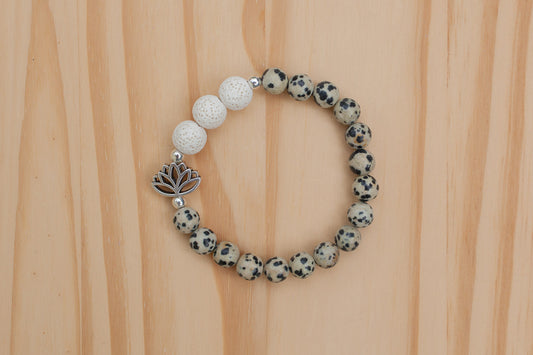 Essential Oil Diffuser Aromatherapy Dalmatian Jasper Stretchy Bracelet with Lotus Flower