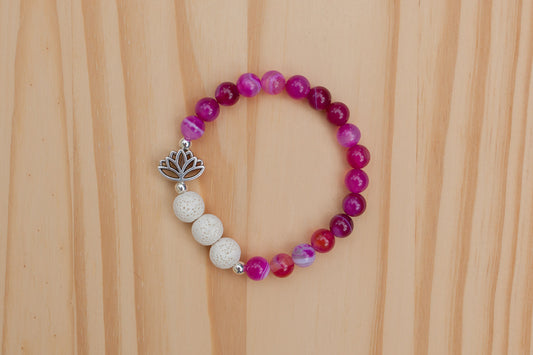 Essential Oil Diffuser Aromatherapy Pink Stripes Agate Stretchy Bracelet with Lotus Flower