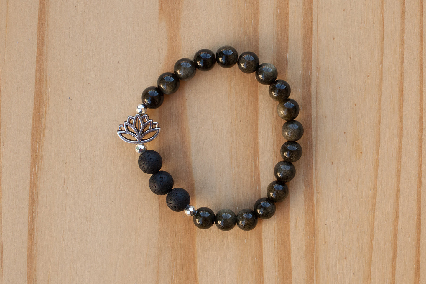 Essential Oil Diffuser Aromatherapy Obsidian Beaded Stretchy Bracelet with Lotus Flower
