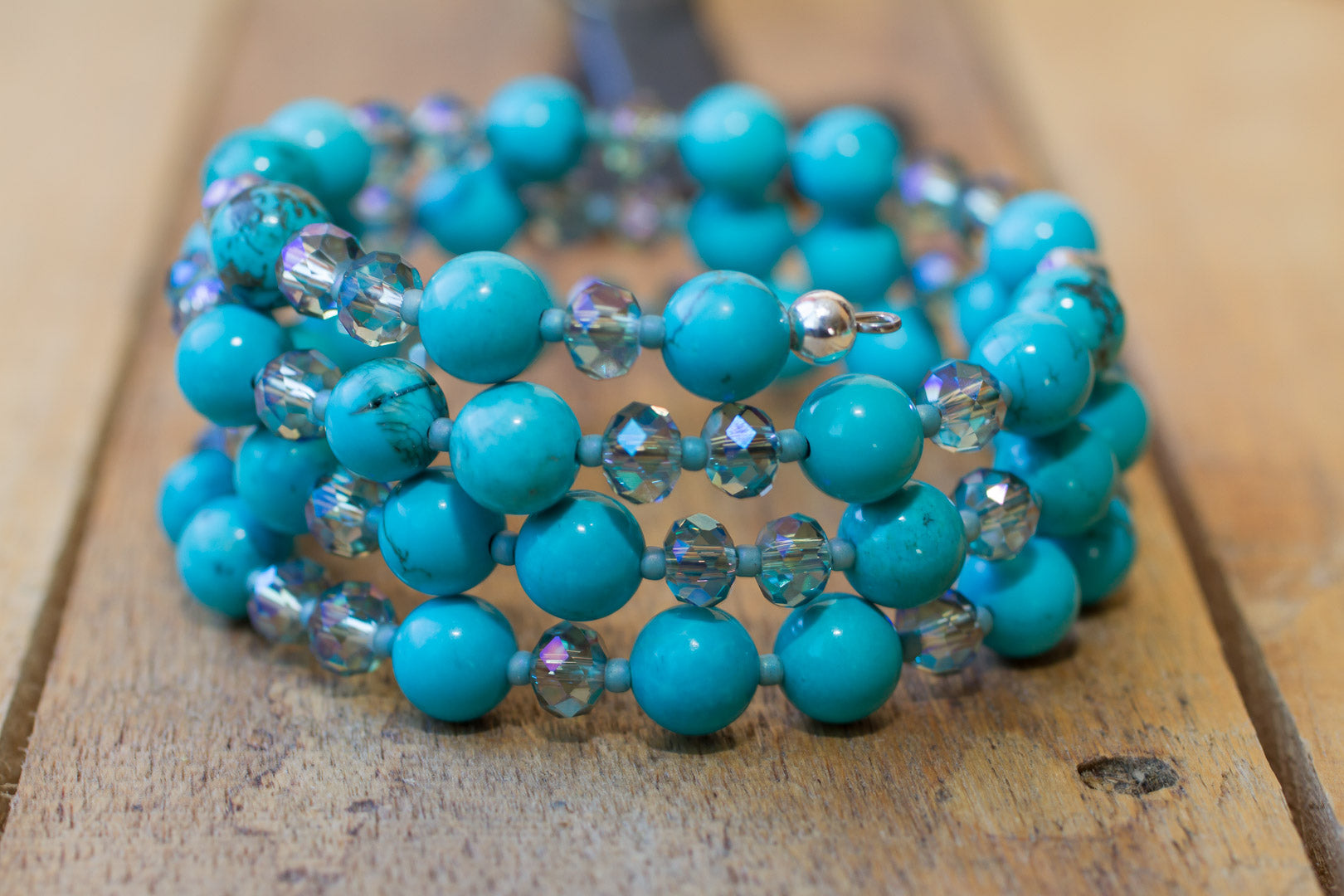 Turquoise & Crystal Memory Wire Beaded Bracelet - My Urban Gems