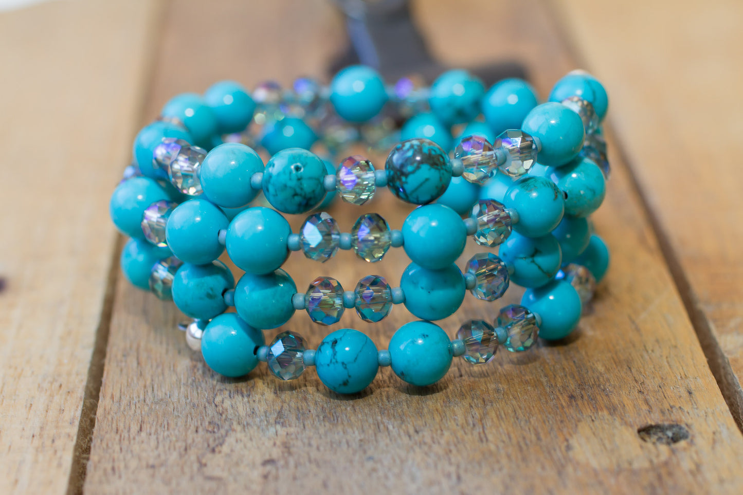 Turquoise & Crystal Memory Wire Beaded Bracelet