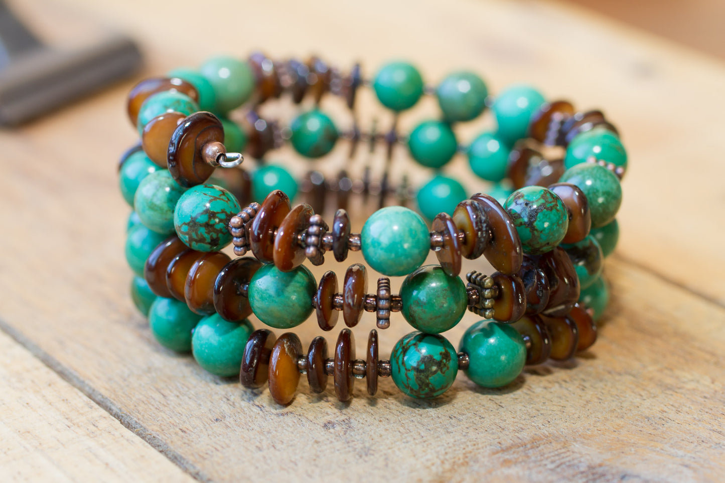 Green Turquoise, Brown Shell & Copper Memory Wire Beaded Bracelet