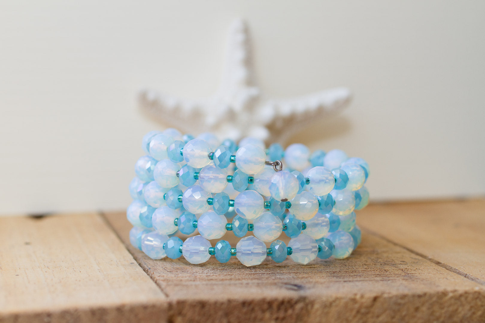 Opalite Glass & Turquoise Blue Crystal Memory Wire Beaded Bracelet - My Urban Gems