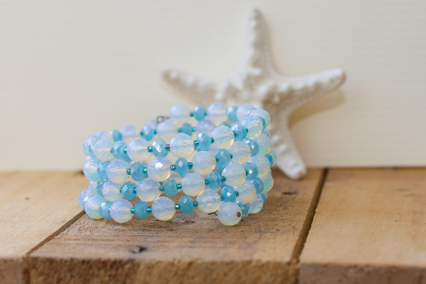 Opalite Glass & Turquoise Blue Crystal Memory Wire Beaded Bracelet