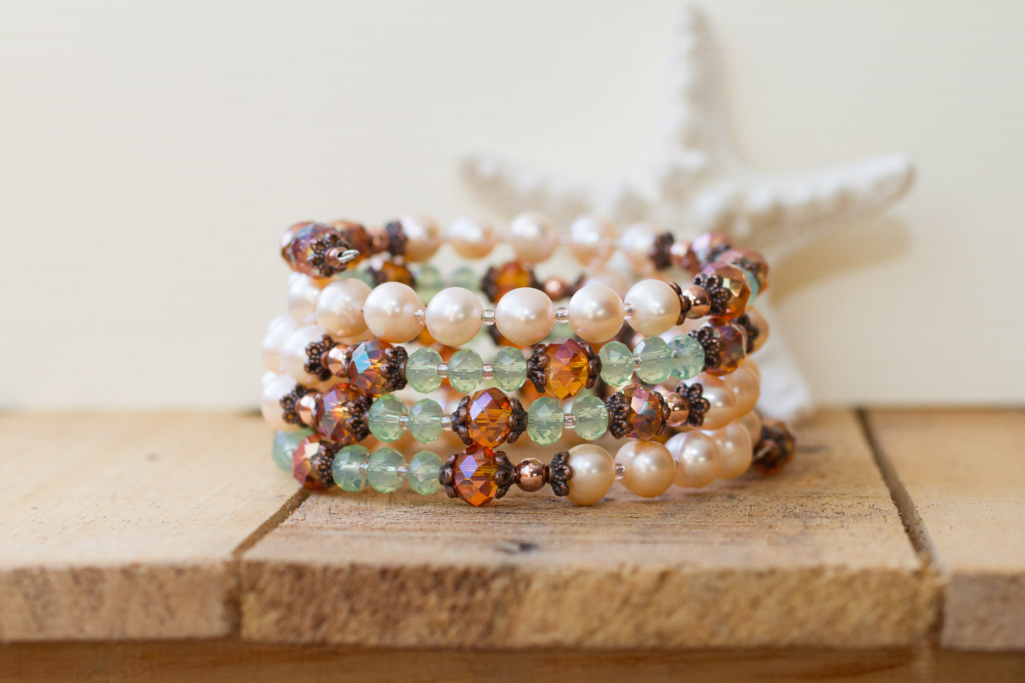 Pale Peach Faux Pearl, Crystal & Copper Memory Wire Beaded Bracelet