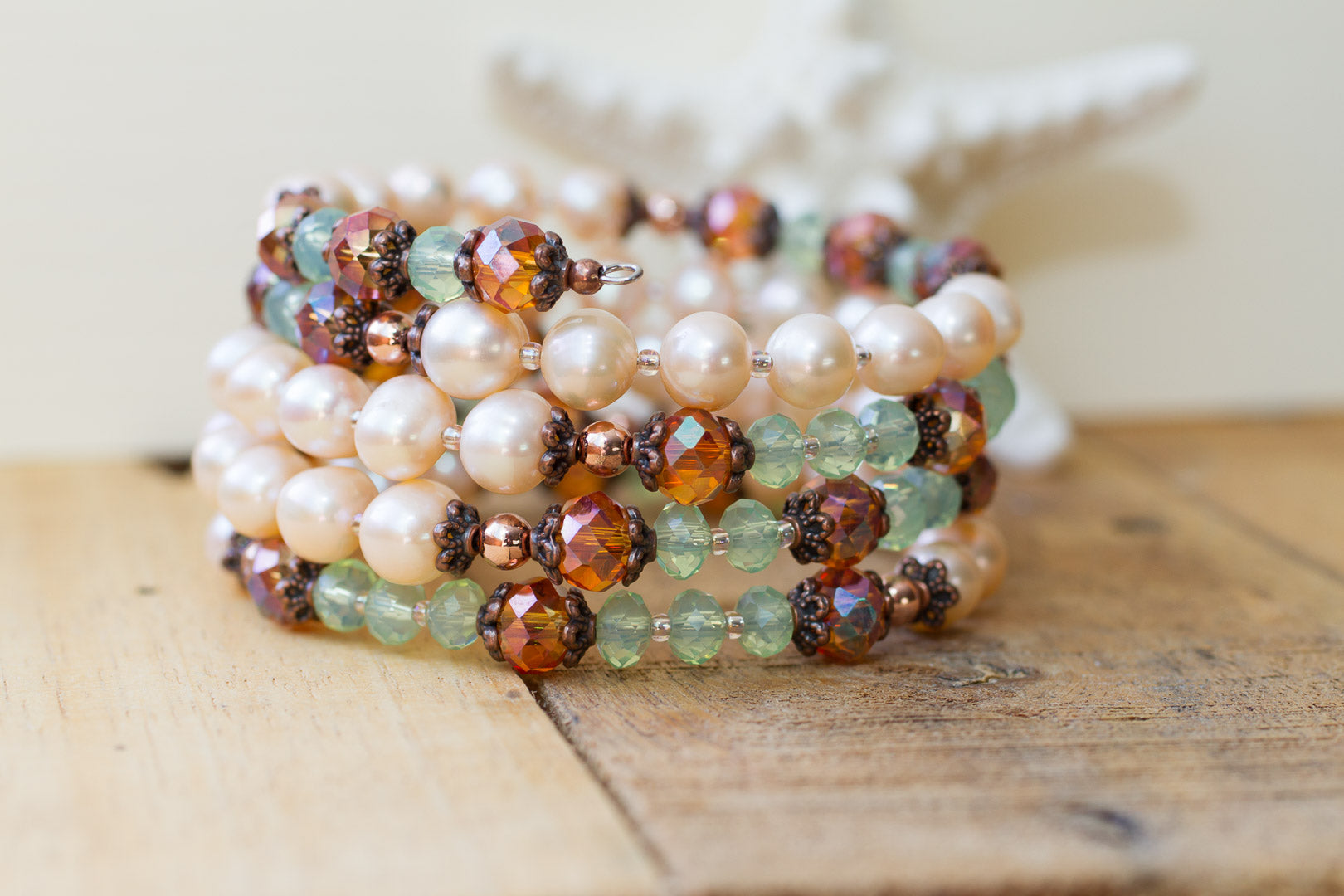 Pale Peach Faux Pearl, Crystal & Copper Memory Wire Beaded Bracelet - My Urban Gems