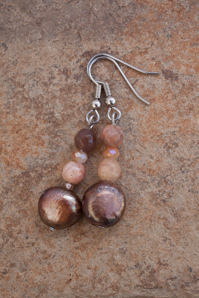 Brown Freshwater Pearl, Sunstone & Crystal Earrings