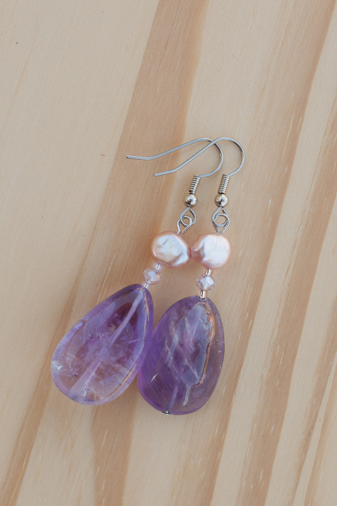 Rose Amethyst Dangle Earrings with Pearl & Crystal Beads