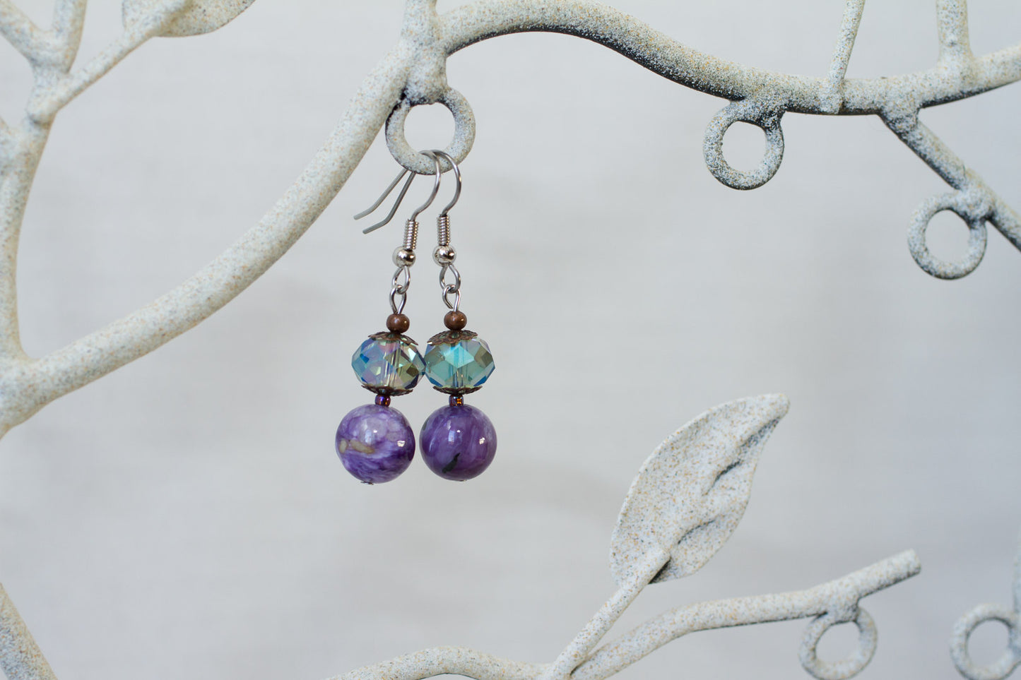 Purple Charoite, Crystal & Copper Dangle Earrings